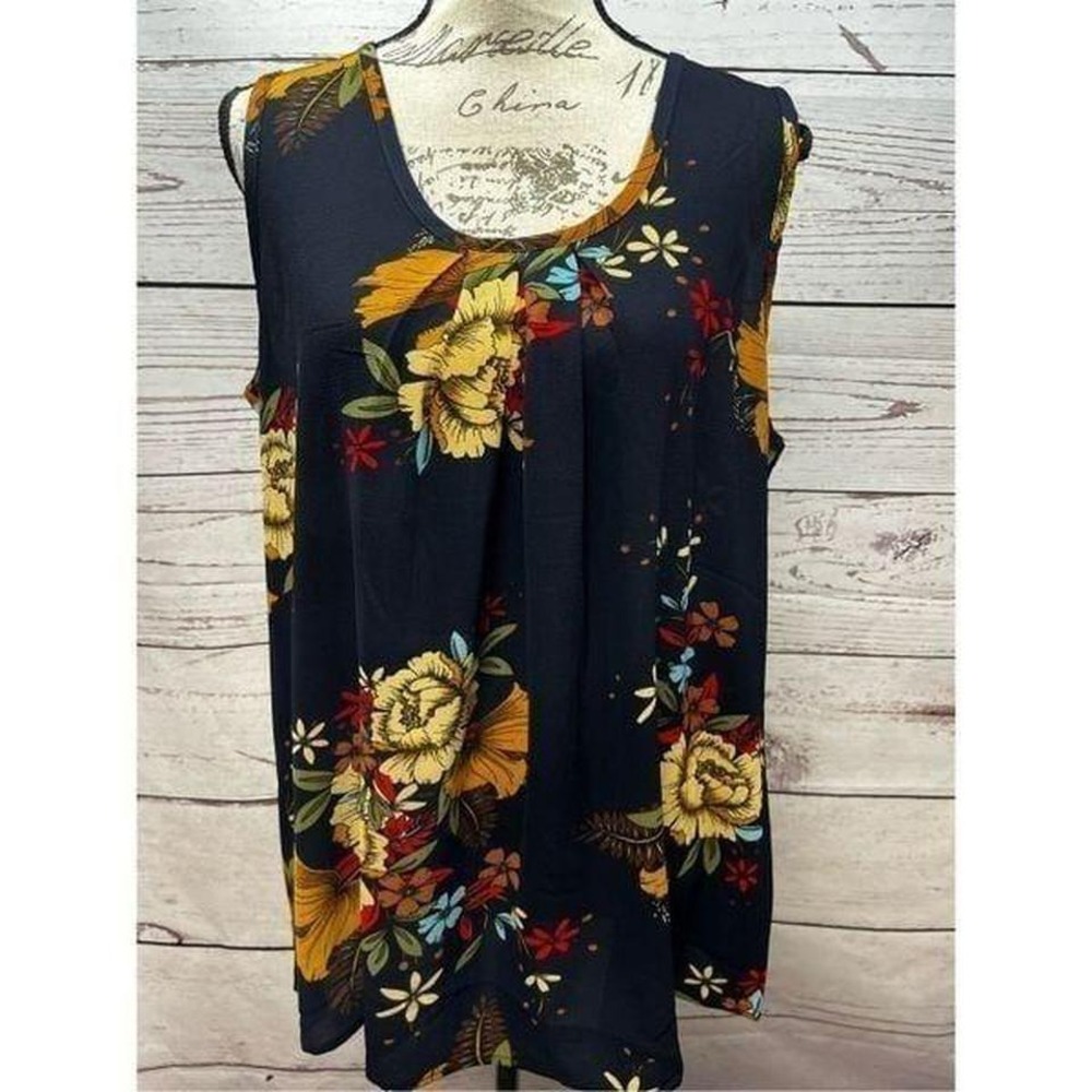 Zeagoo‎ XL sleeveless black blouse with yellow and brown flowers - 3137